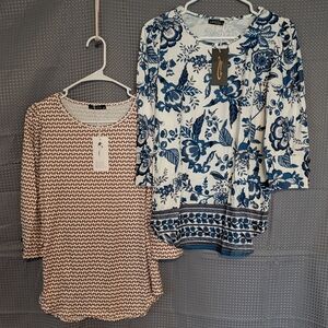 Elegant Women's Long Sleeve Tops - 1 Blue Floral and 1 Burgandy Pattern.